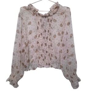 Natural Life Floral Sheer Pintuck Blouse Ruffle Neck Velvet Tie Back Cream L